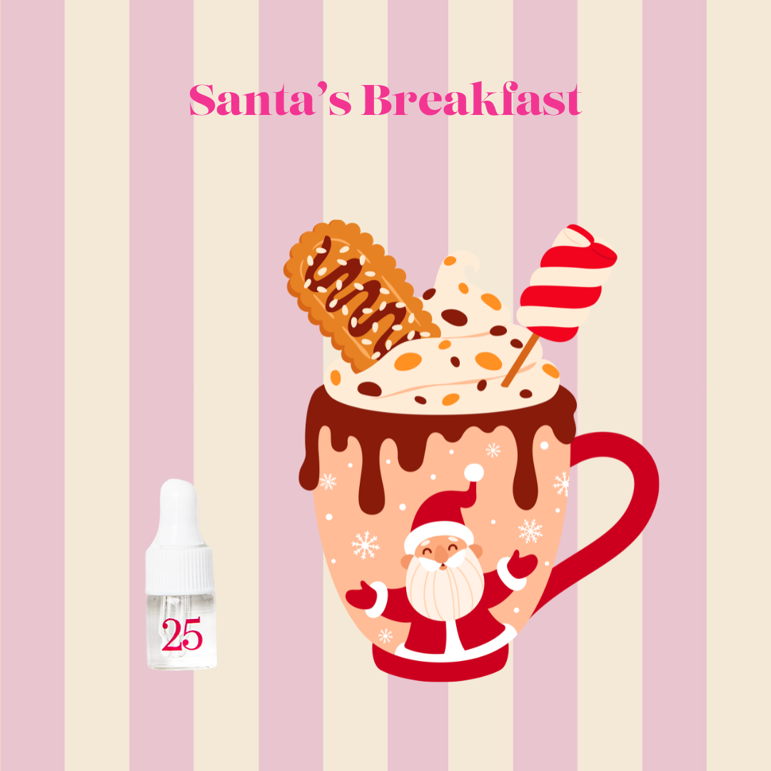 Tazza di latte e vaniglia con caramello e aromi dolci, rappresentazione della fragranza Santa's Breakfast di POSH Profumo.